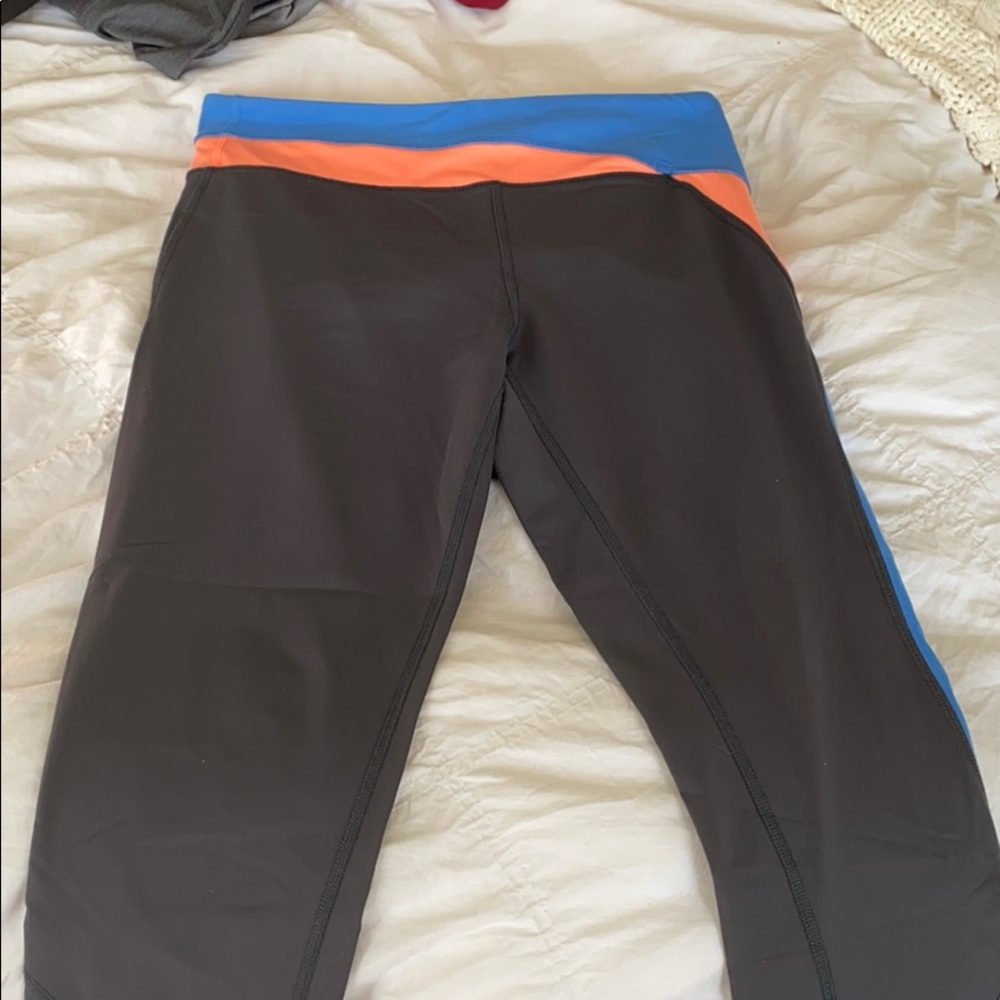 Ivivva leggings, blue and coral.